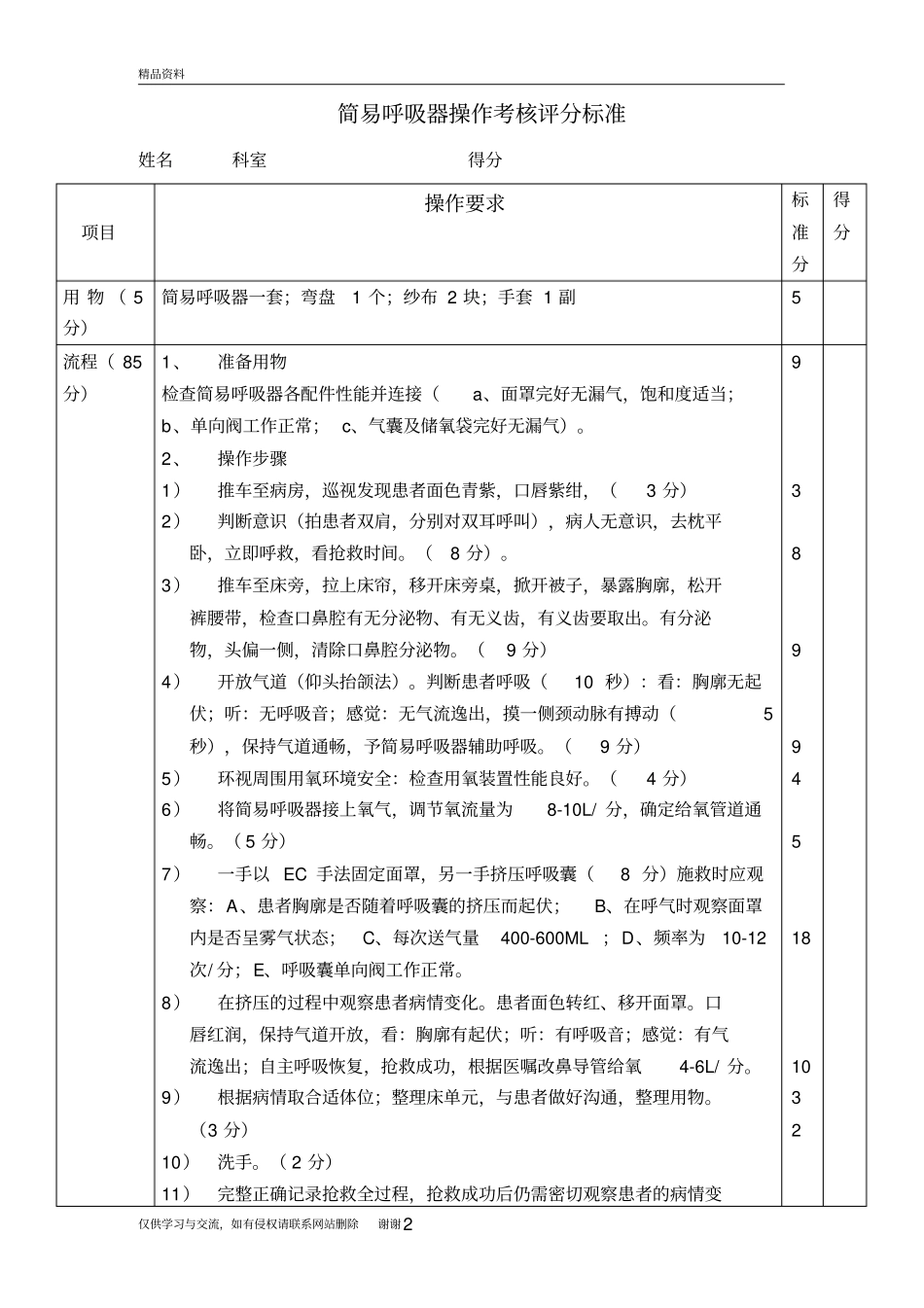 简易呼吸器操作考核评分标准教程文件_第2页