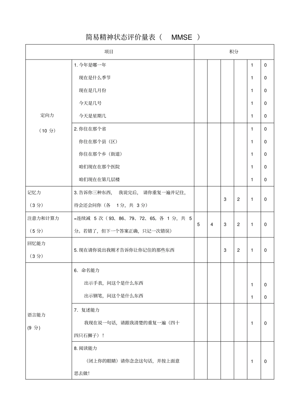 简易精神状态评价量表MMSE量表_第1页