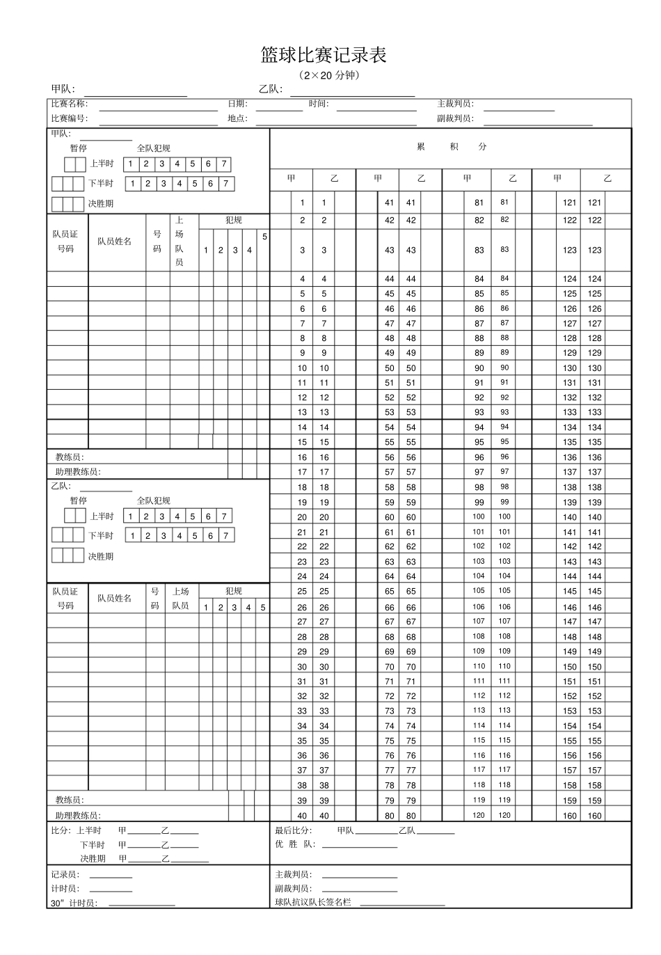 篮球比赛记录表上下半场_第1页