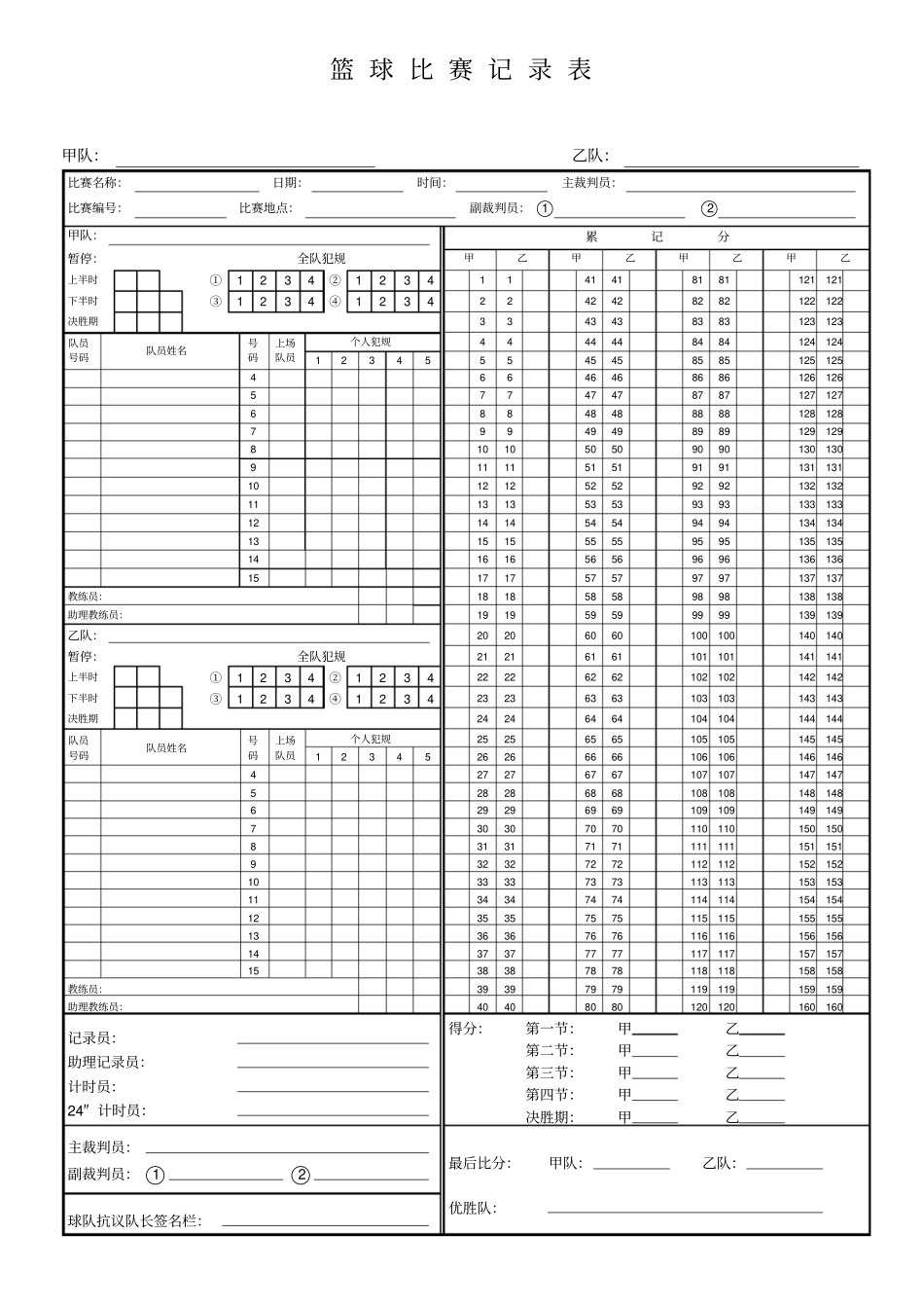 篮球比赛记录表模板_第1页