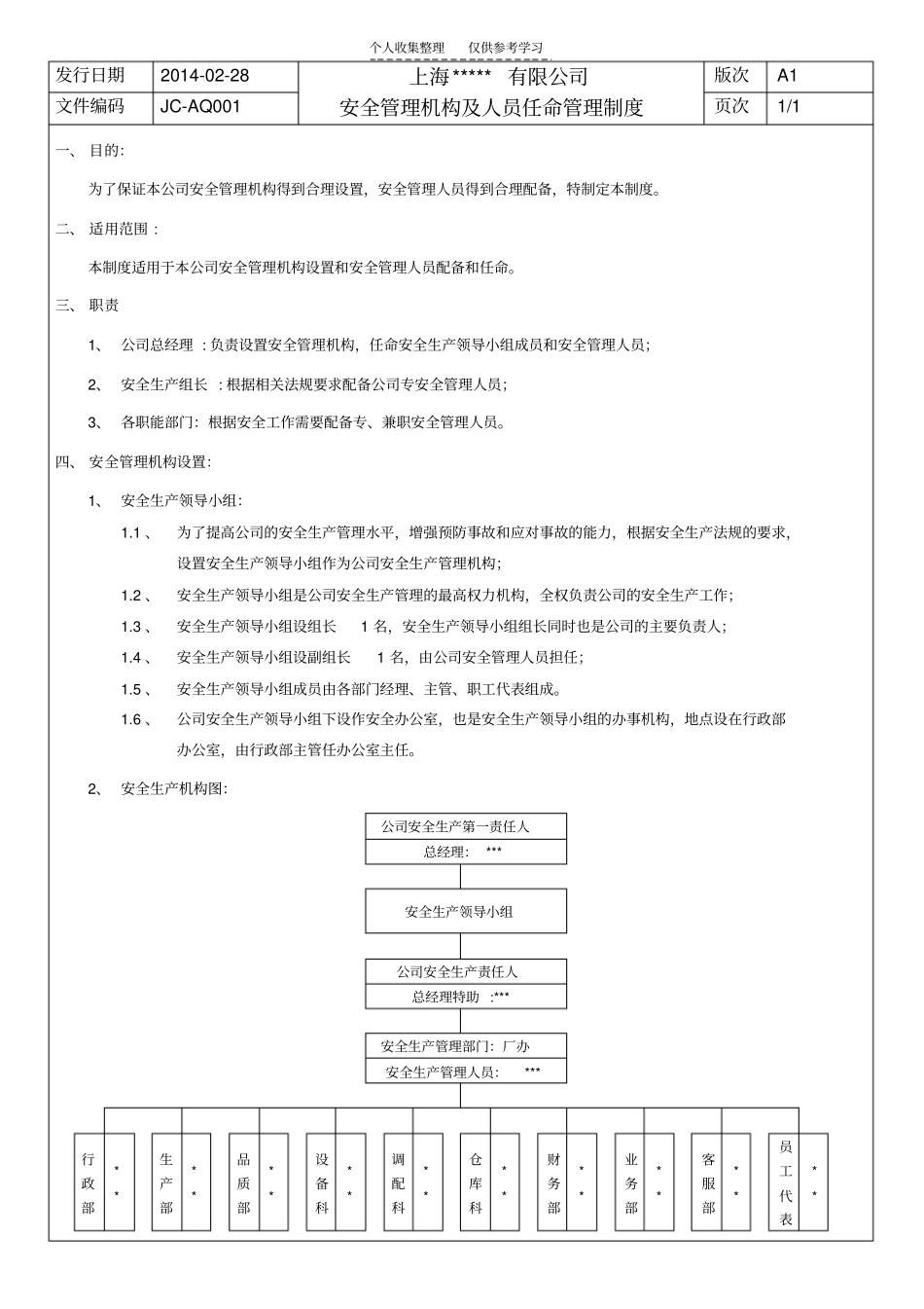 精品安全生产机构设置及人员任命管理制度_第1页