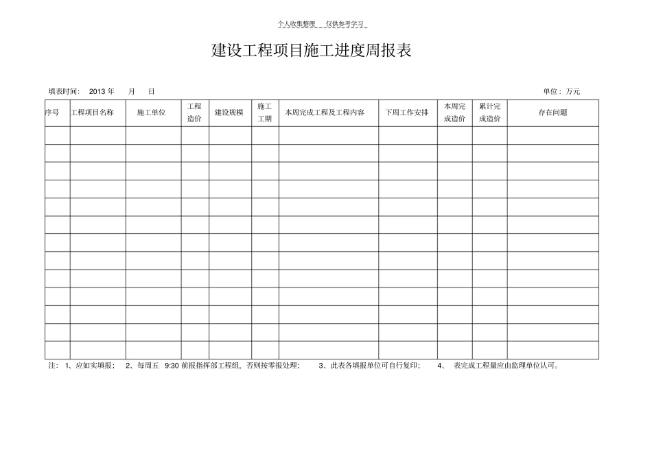 精选建设工程项目施工进度周报表_第1页