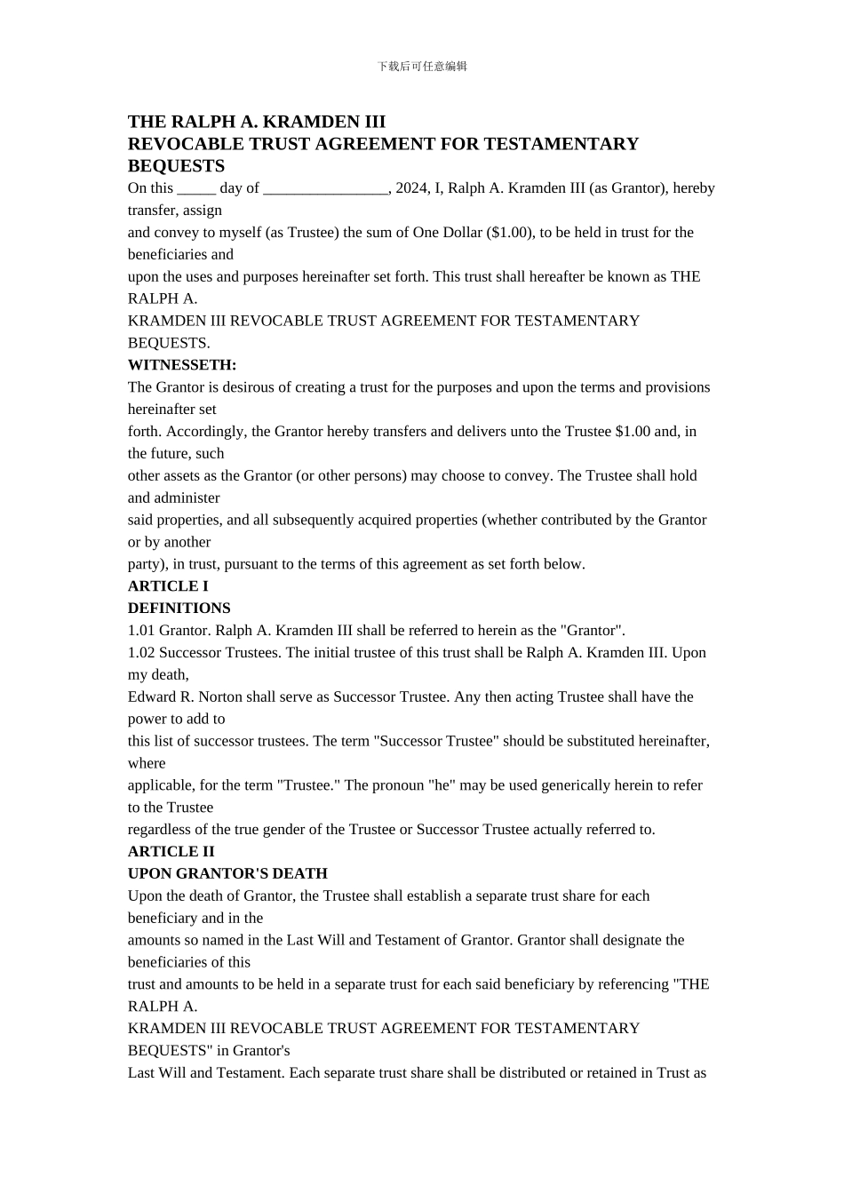 信托协议英文样本-Sample-Trust-Agreement_第1页