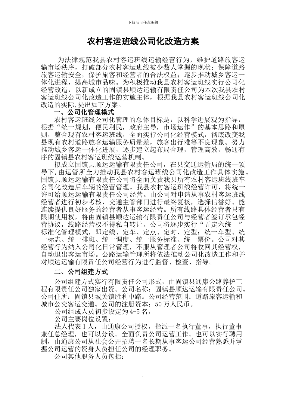 农村客运班线公司化组建初步方案_第1页