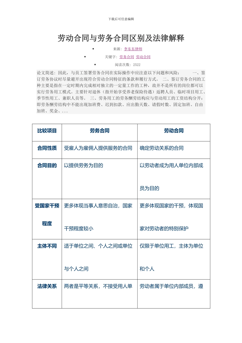 劳动合同与劳务合同区别及法律解释_第1页