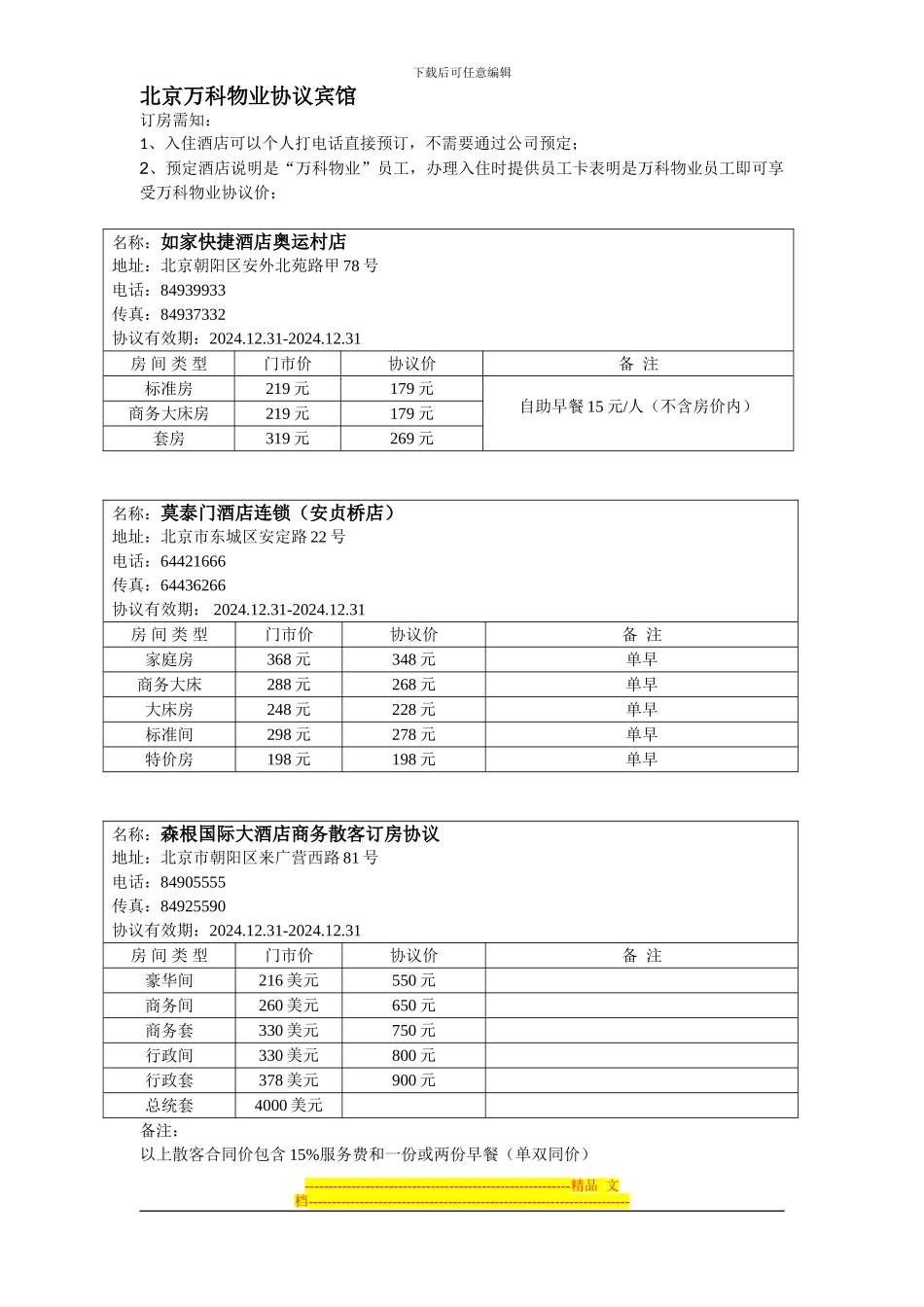 北京万科物业协议宾馆_第1页