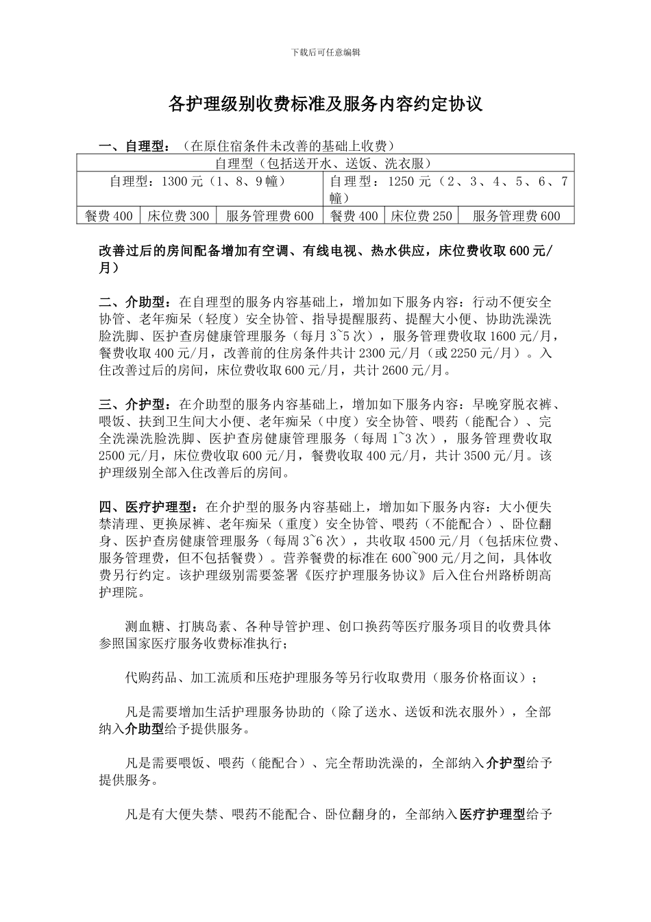 各护理级别收费标准及服务内容约定协议_第1页