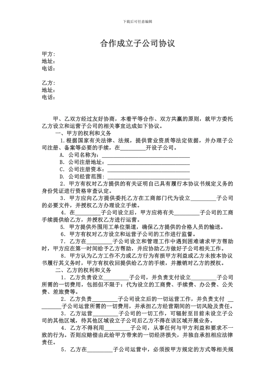 合作成立子公司协议_第1页