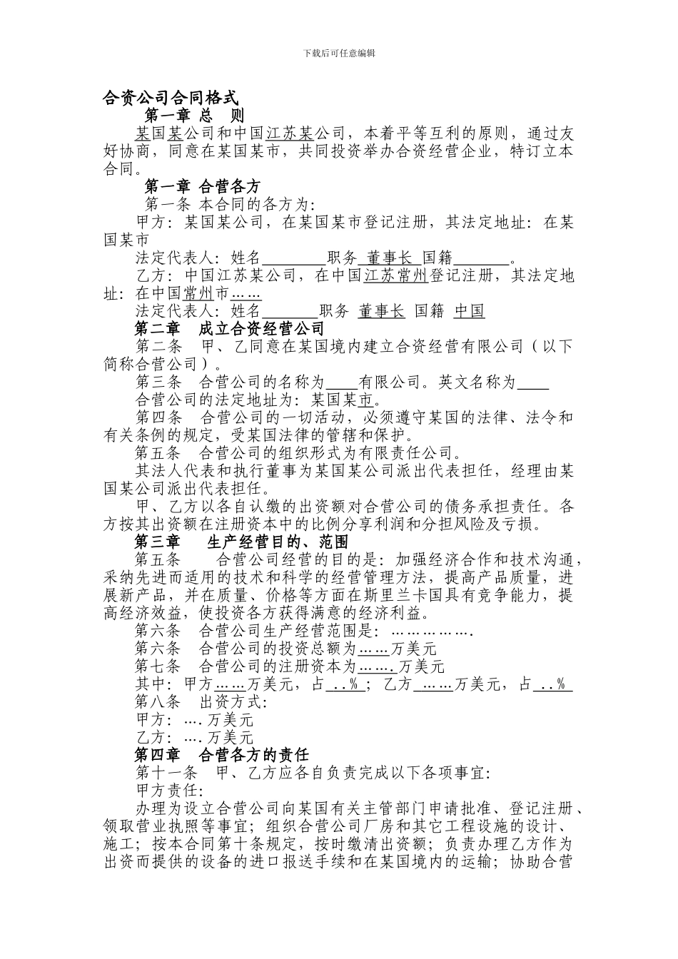 合资公司合同格式_第1页