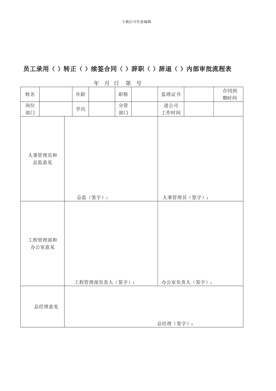 员工录用转正续签合同辞职辞退内部审批流程表_第1页