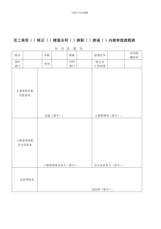 员工录用转正续签合同辞职辞退内部审批流程表