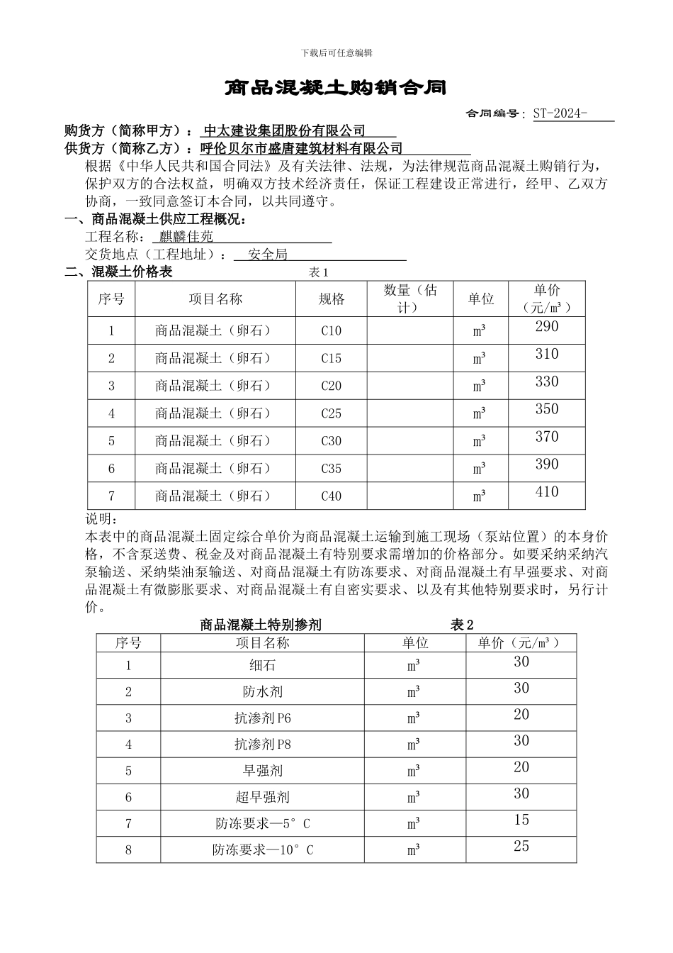 商品混凝土购销合同(麒麟佳苑)_第1页
