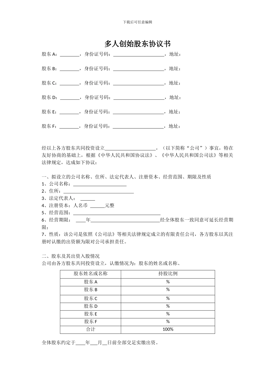 多人创始股东协议书_第1页