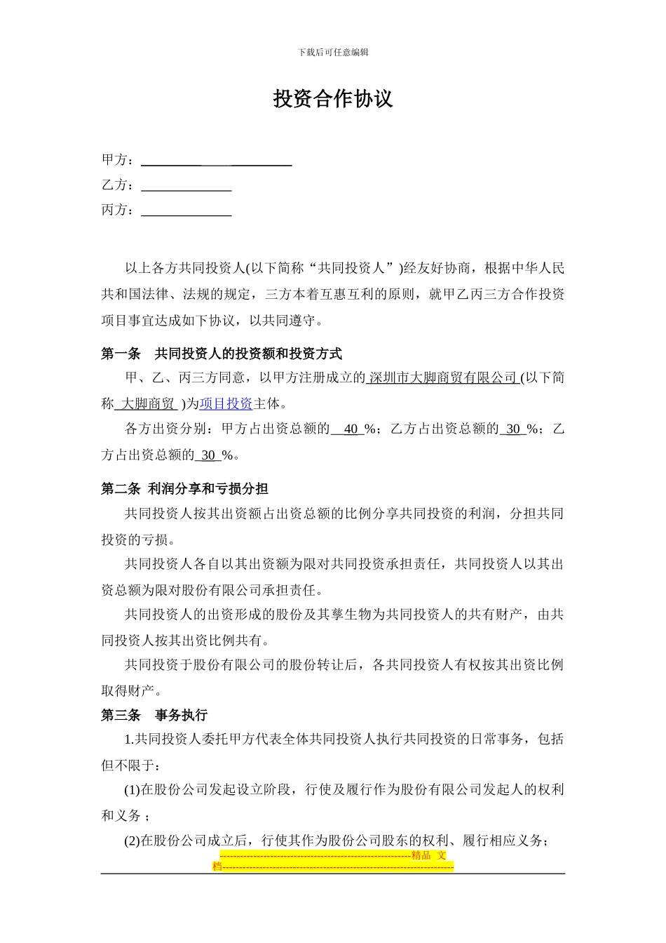 大脚投资合作协议书范本_第1页