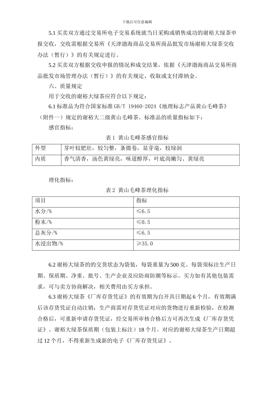 天津渤海商品交易所商品批发市场谢裕大绿茶商品电子购销合同_第2页