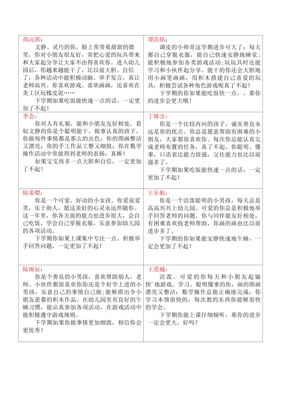 幼儿园小班幼儿评语_第1页