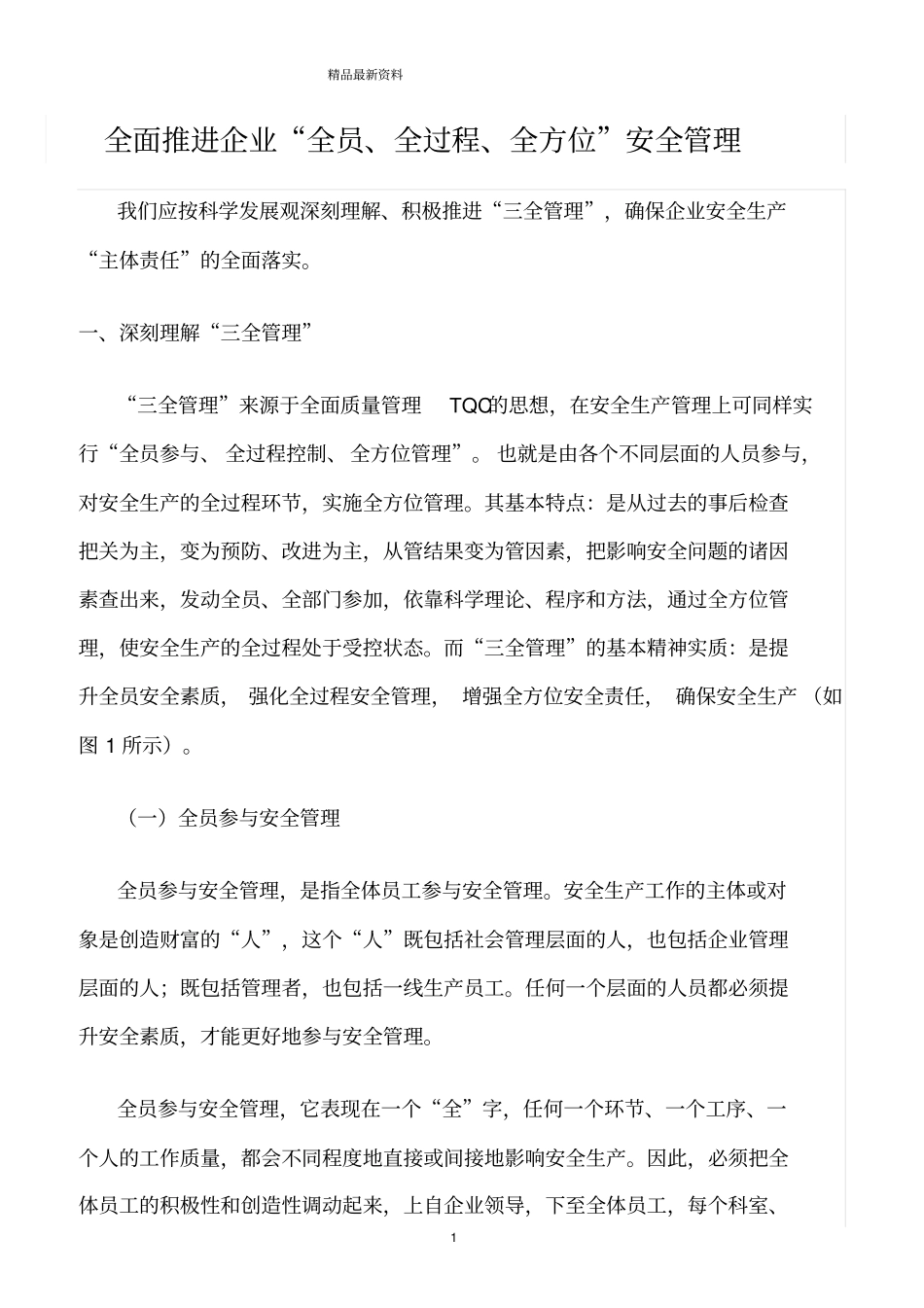 精选范文--全面推进企业全员、全过程、全方位安全管理_第1页