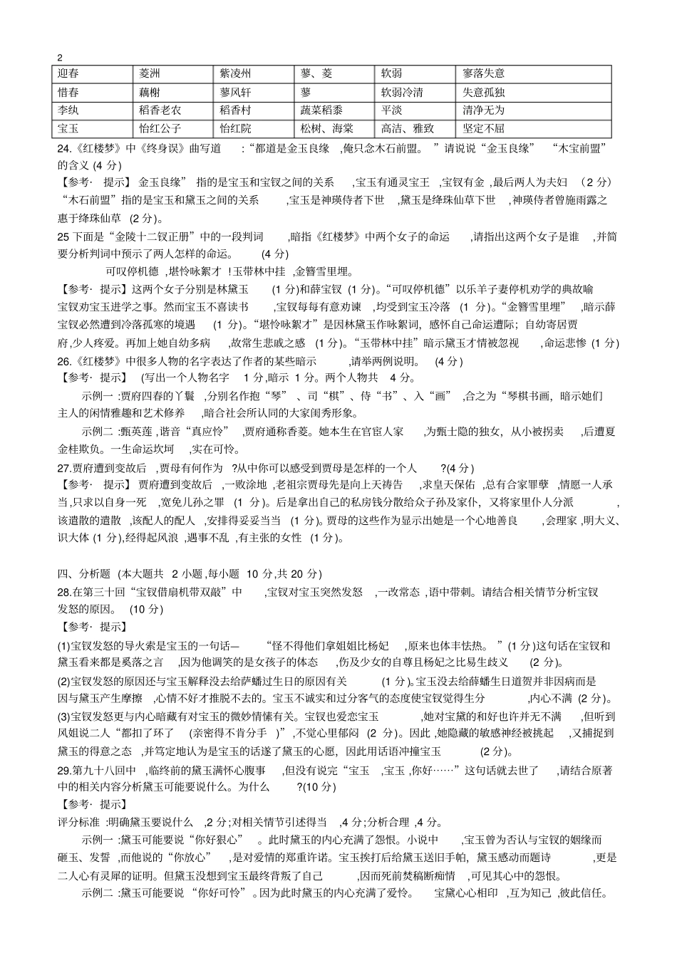 红楼梦整本书阅读质量检测A组答案与解析_第2页