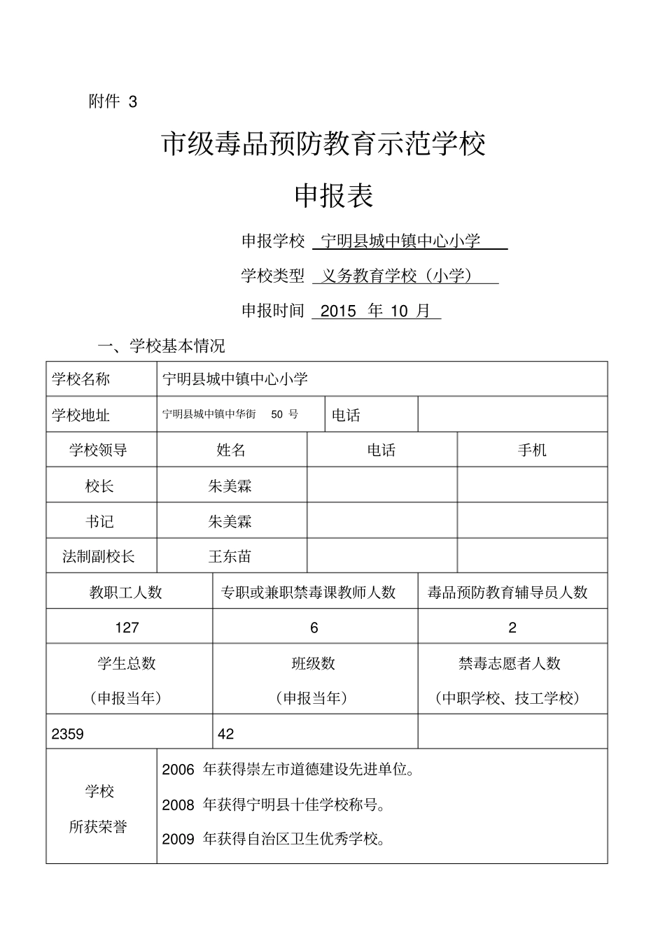 级毒品预防教育示范学校申报表_第1页