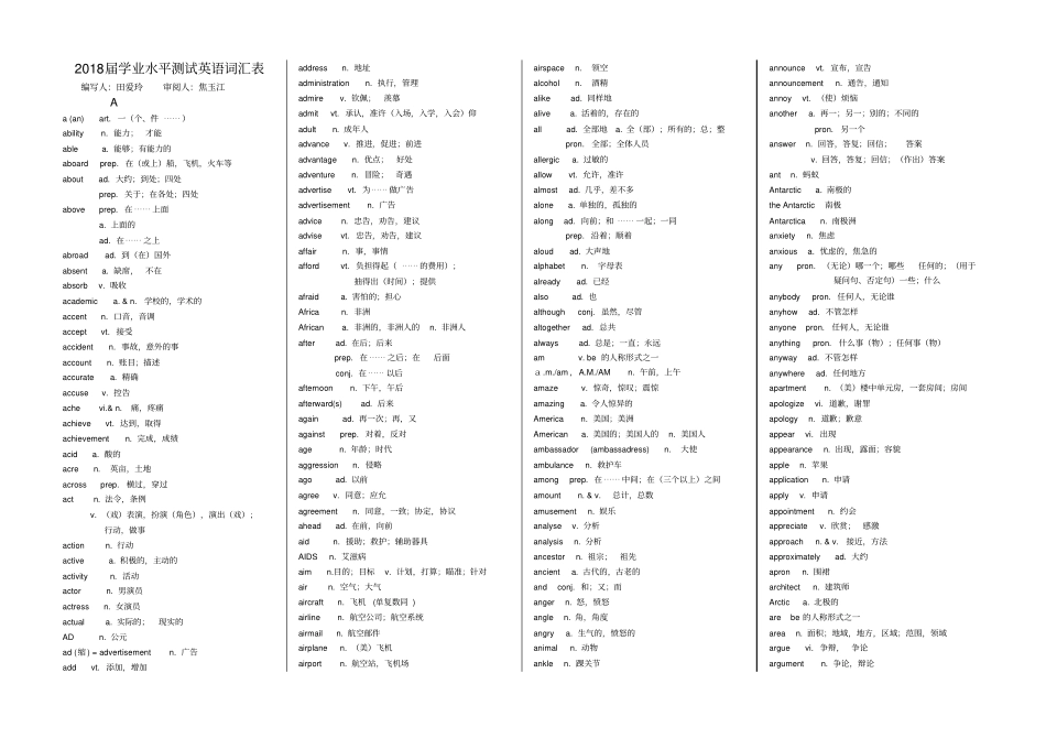 级河南普通高中学业水平考试英语词汇表_第1页
