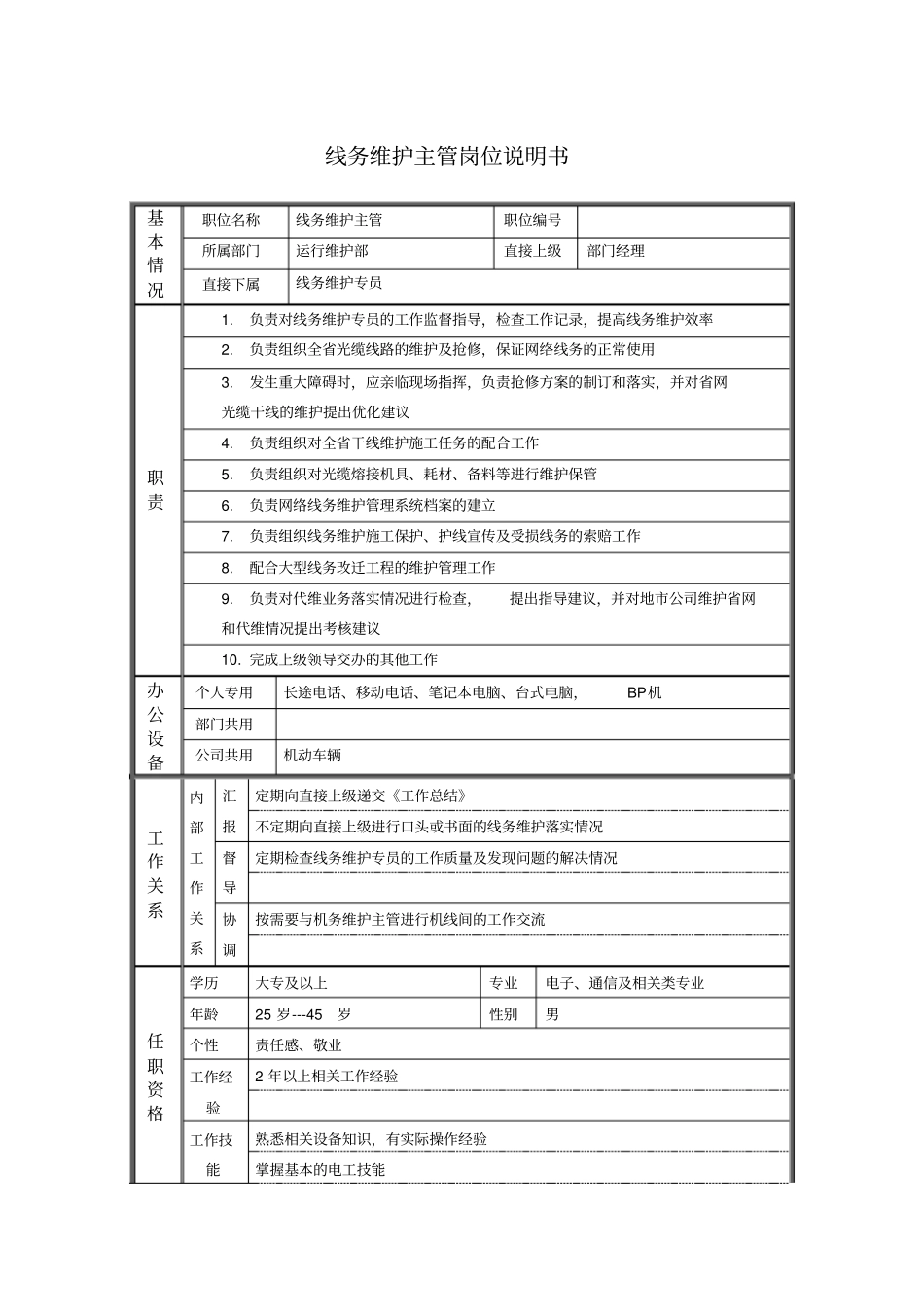 线务维护主管岗位说明书_第1页