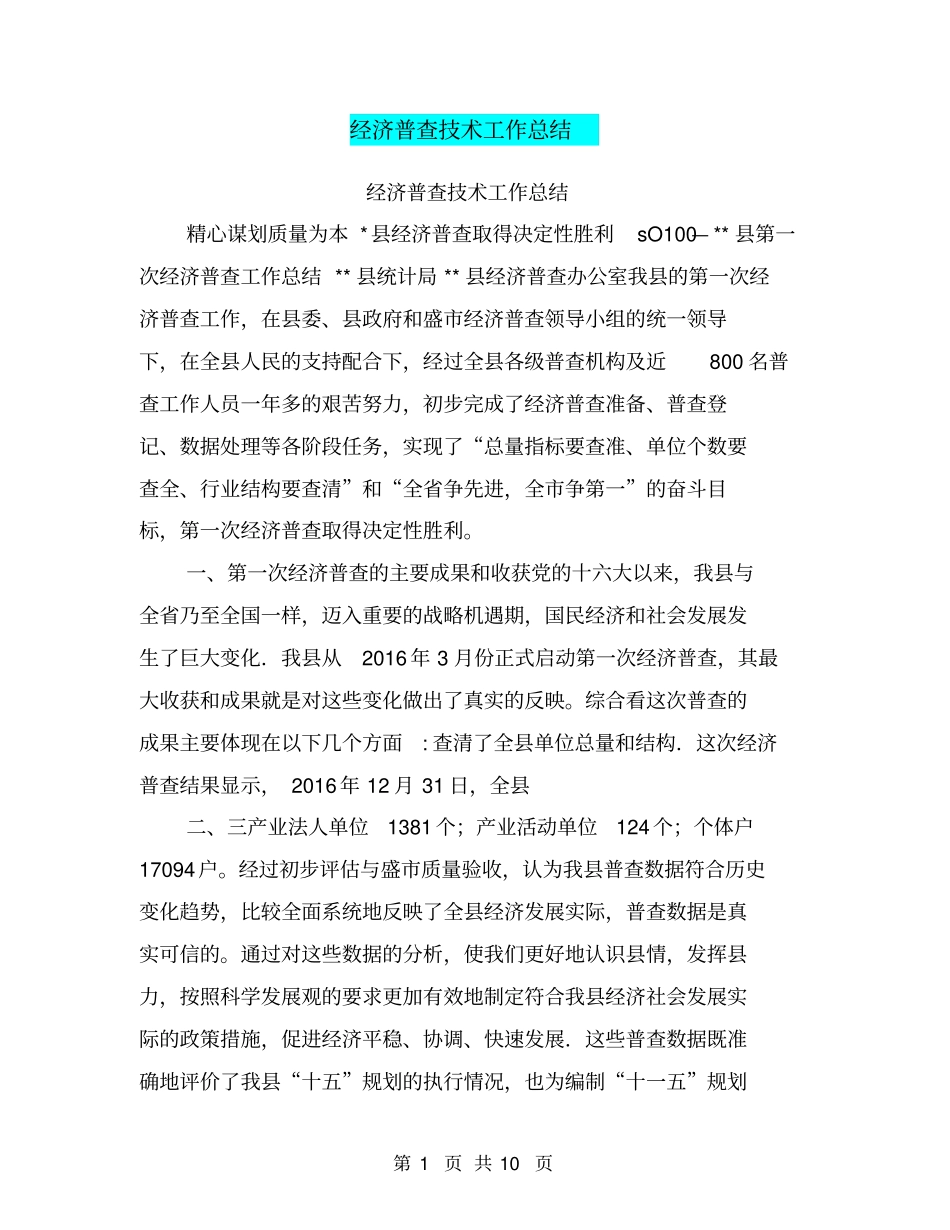 经济普查技术工作总结【可编辑版】_第1页