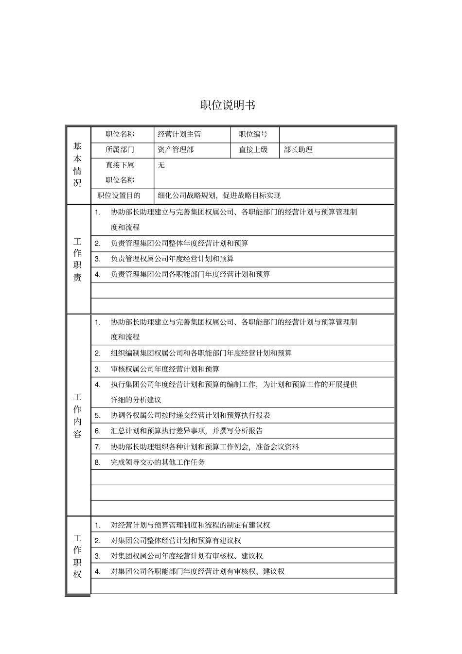 经营计划主管岗位说明书_第1页