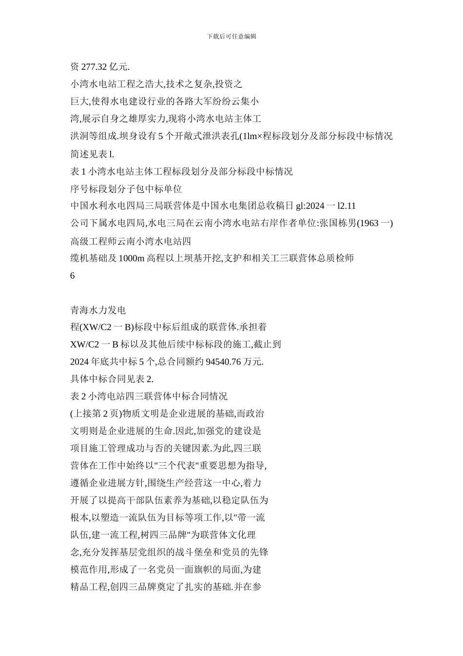 小湾电站主体工程标段划分及四三联营体中标合同简介_第2页