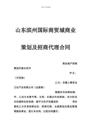 山东滨州国际商贸城商业策划及招商代理合同