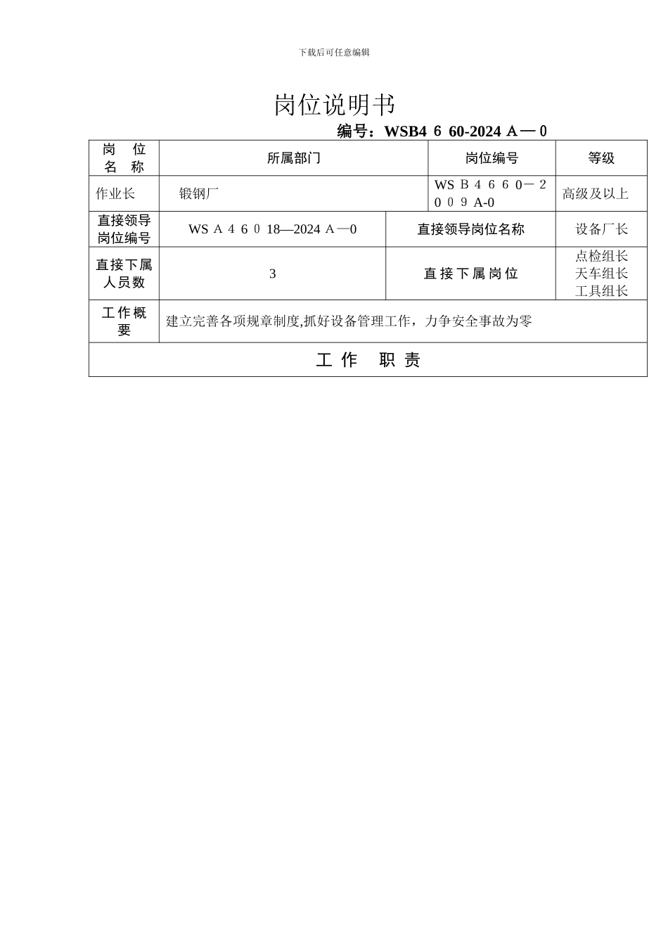 岗位说明书保供作业长_第1页