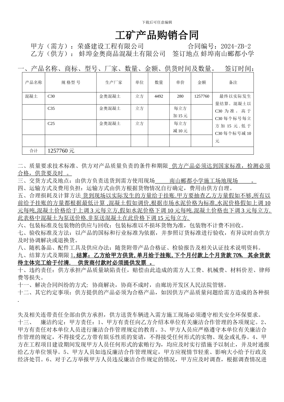 工矿产品购销合同-模版_第1页