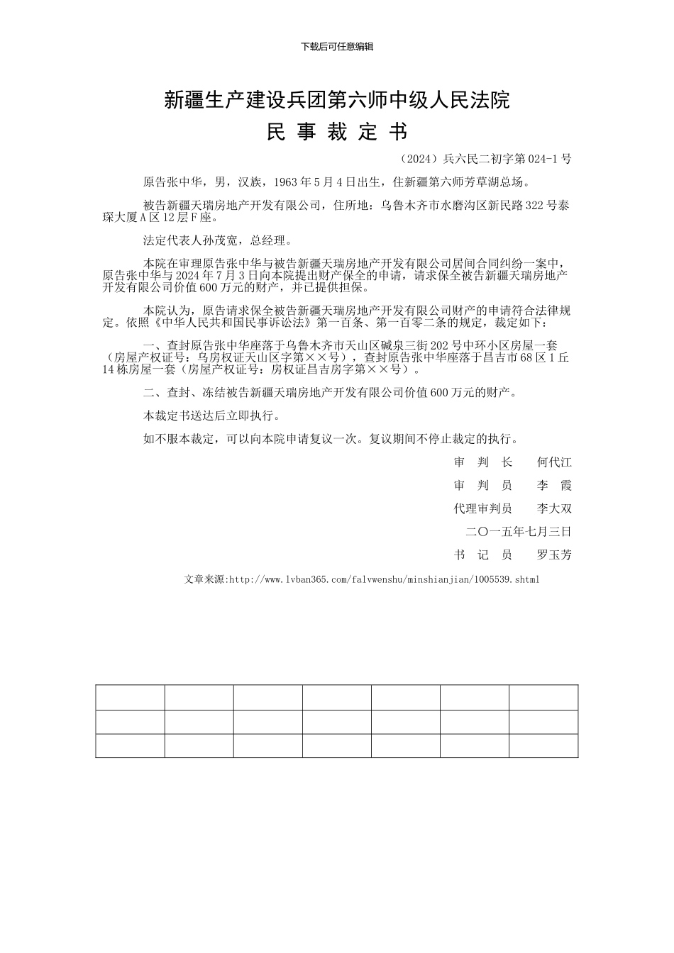 张中华与新疆天瑞房地产开发有限公司居间合同纠纷申请保全案件民事诉讼保全裁定书_第1页
