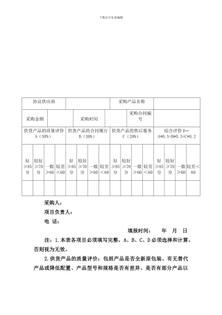 政府采购协议供货项目供应商售后评价表
