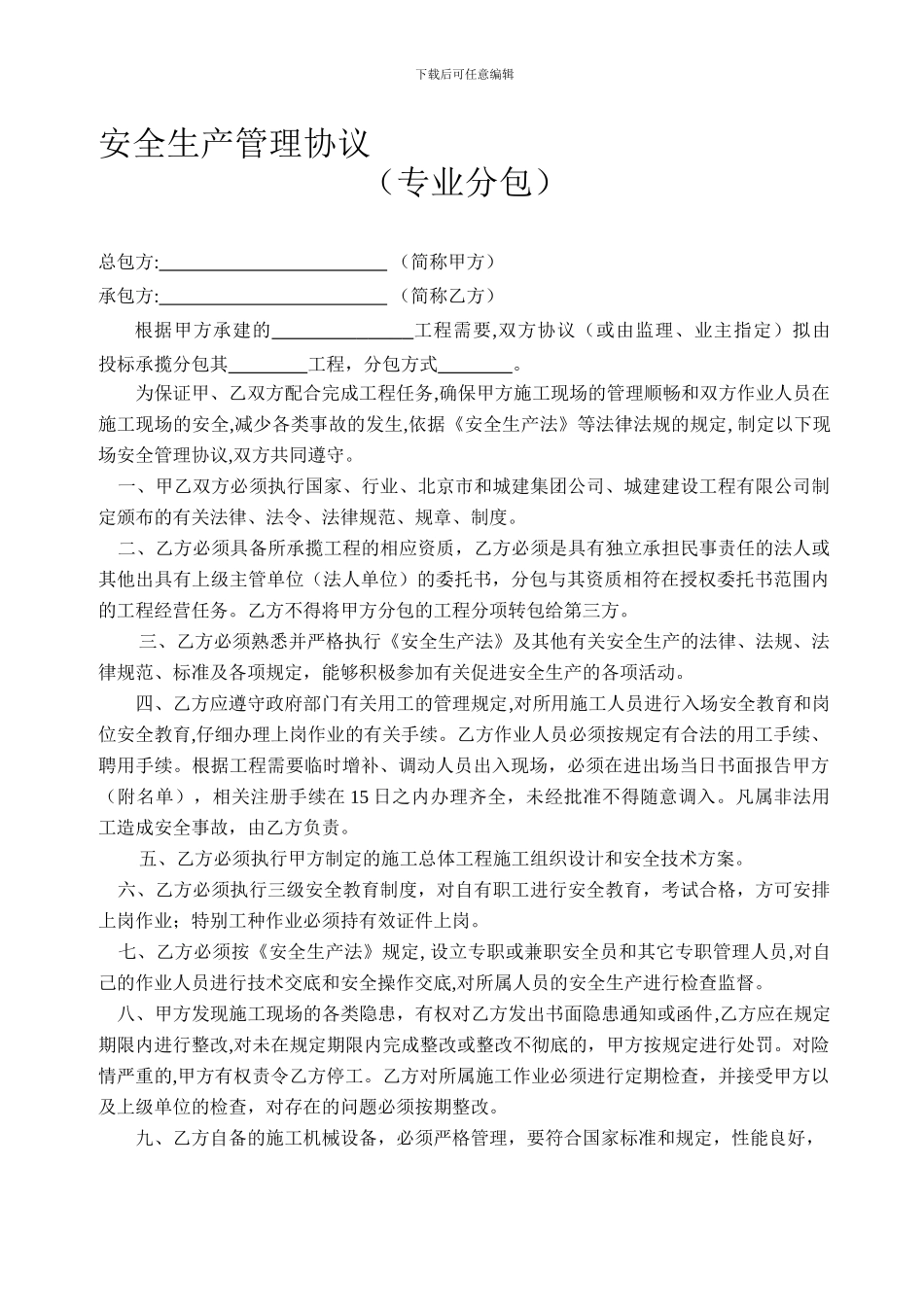 施工现场安全生产管理协议(大包分包)_第1页