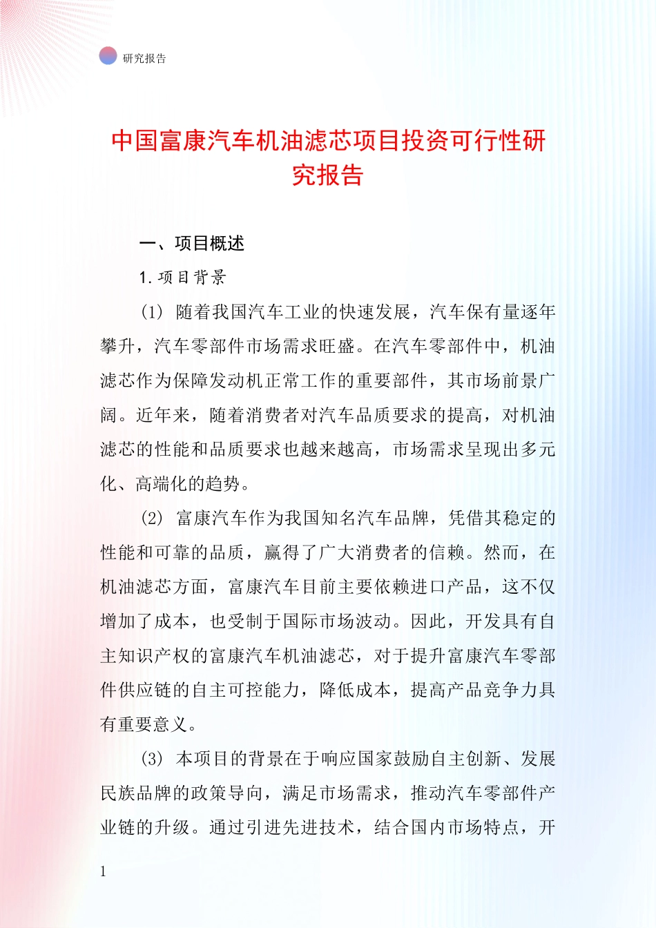 中国富康汽车机油滤芯项目投资可行性研究报告_第1页