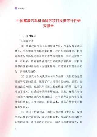 中国富康汽车机油滤芯项目投资可行性研究报告