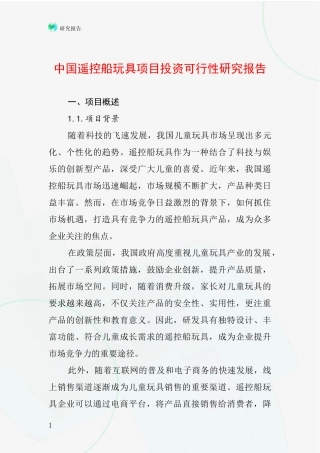 中国遥控船玩具项目投资可行性研究报告