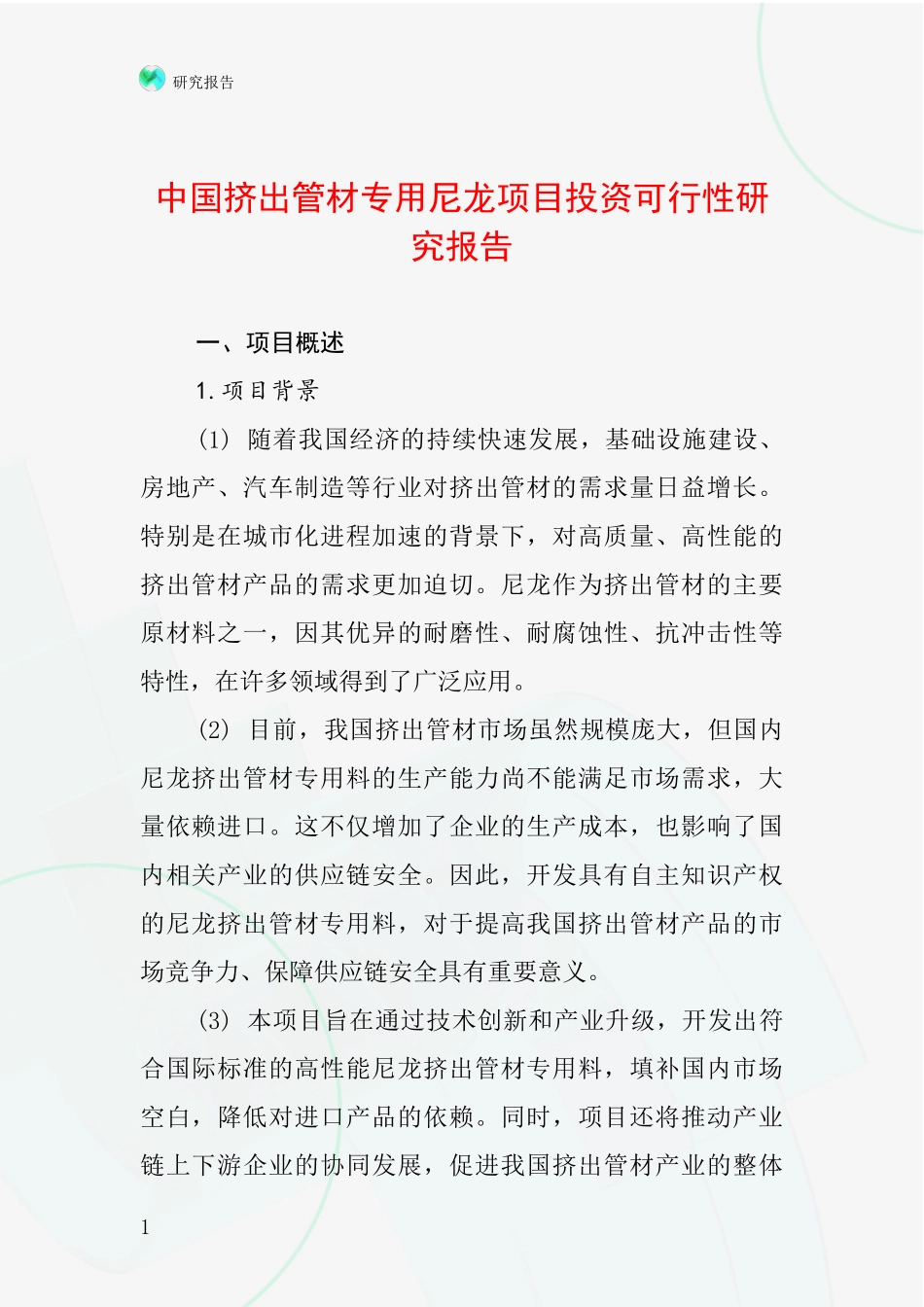 中国挤出管材专用尼龙项目投资可行性研究报告_第1页