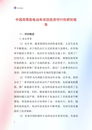 中国简易款电动车项目投资可行性研究报告