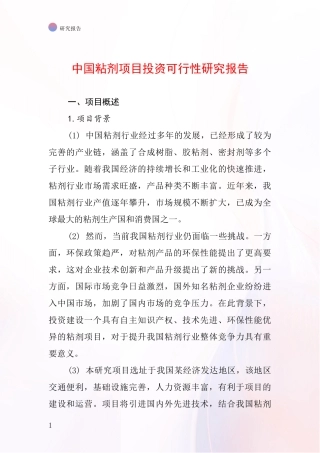 中国粘剂项目投资可行性研究报告