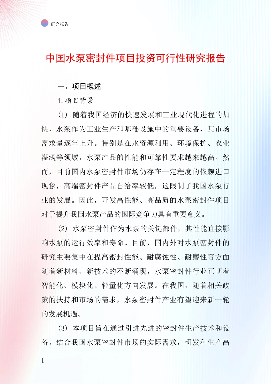 中国水泵密封件项目投资可行性研究报告_第1页