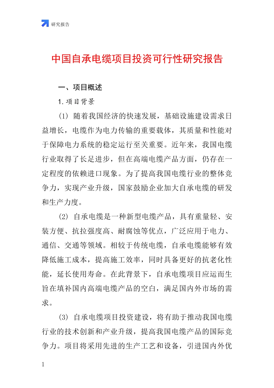 中国自承电缆项目投资可行性研究报告_第1页