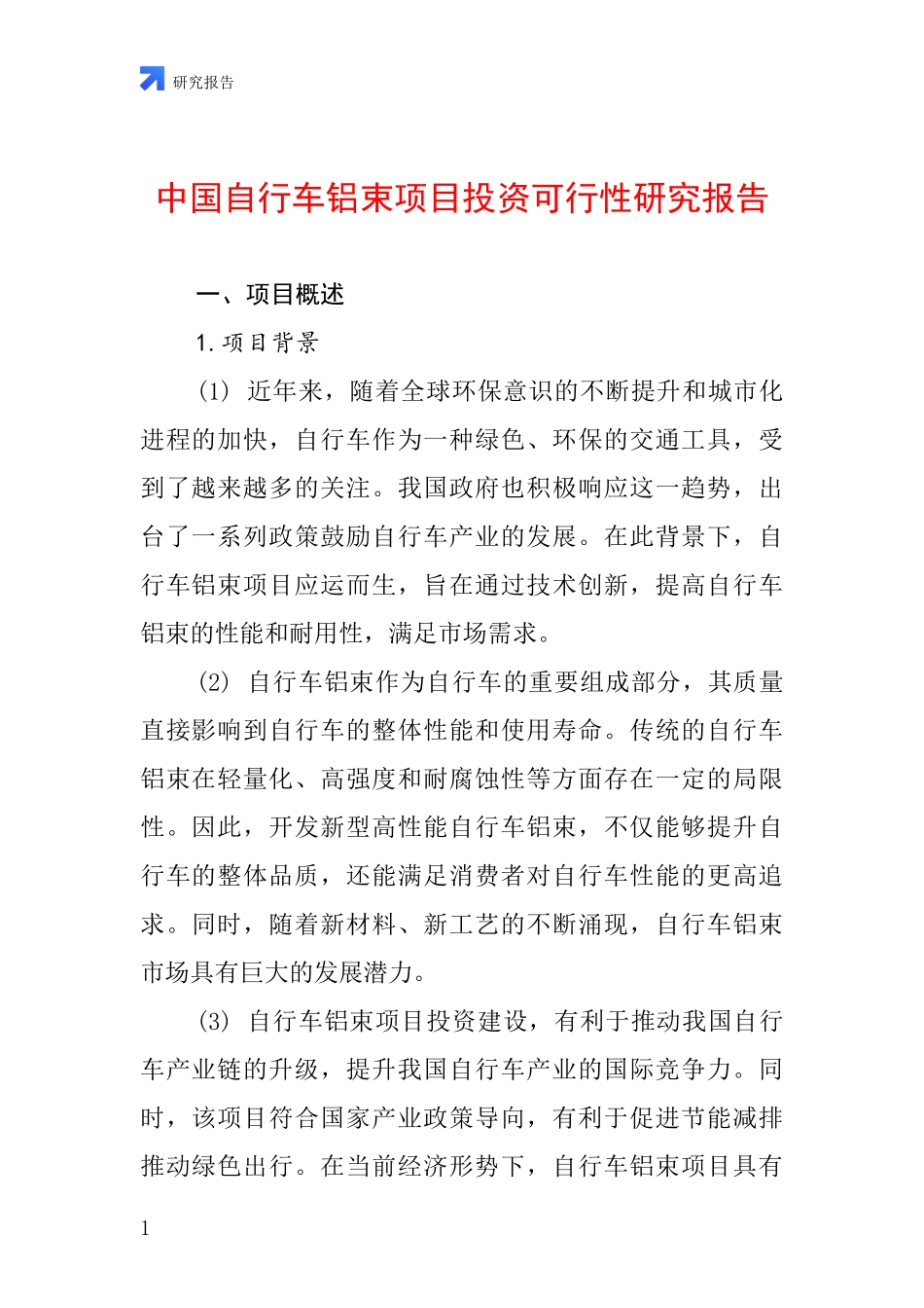 中国自行车铝束项目投资可行性研究报告_第1页