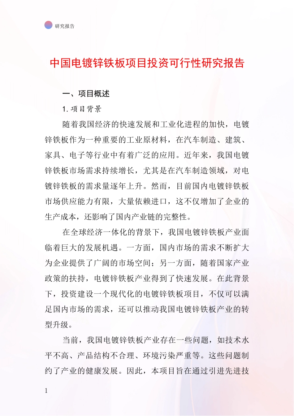中国电镀锌铁板项目投资可行性研究报告_第1页