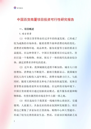 中国百货商厦项目投资可行性研究报告