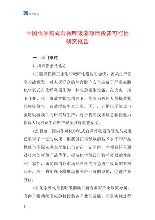 中国化学氧式自救呼吸器项目投资可行性研究报告
