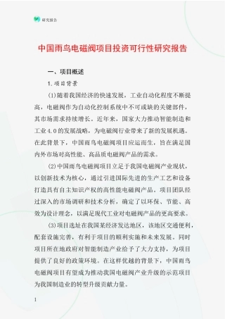 中国雨鸟电磁阀项目投资可行性研究报告