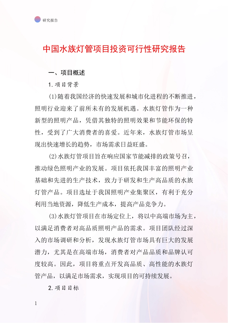 中国水族灯管项目投资可行性研究报告_第1页