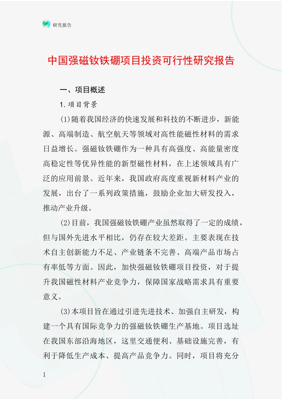 中国强磁钕铁硼项目投资可行性研究报告_第1页