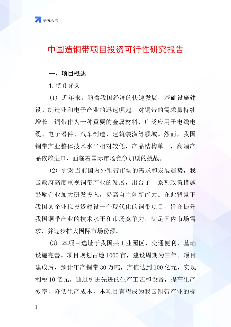 中国造铜带项目投资可行性研究报告_第1页